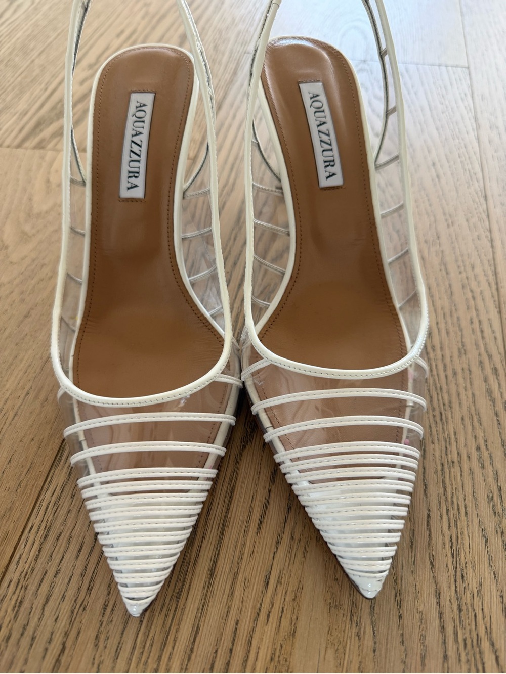 Aquazzura White Strappy Pointed Slingback Heels